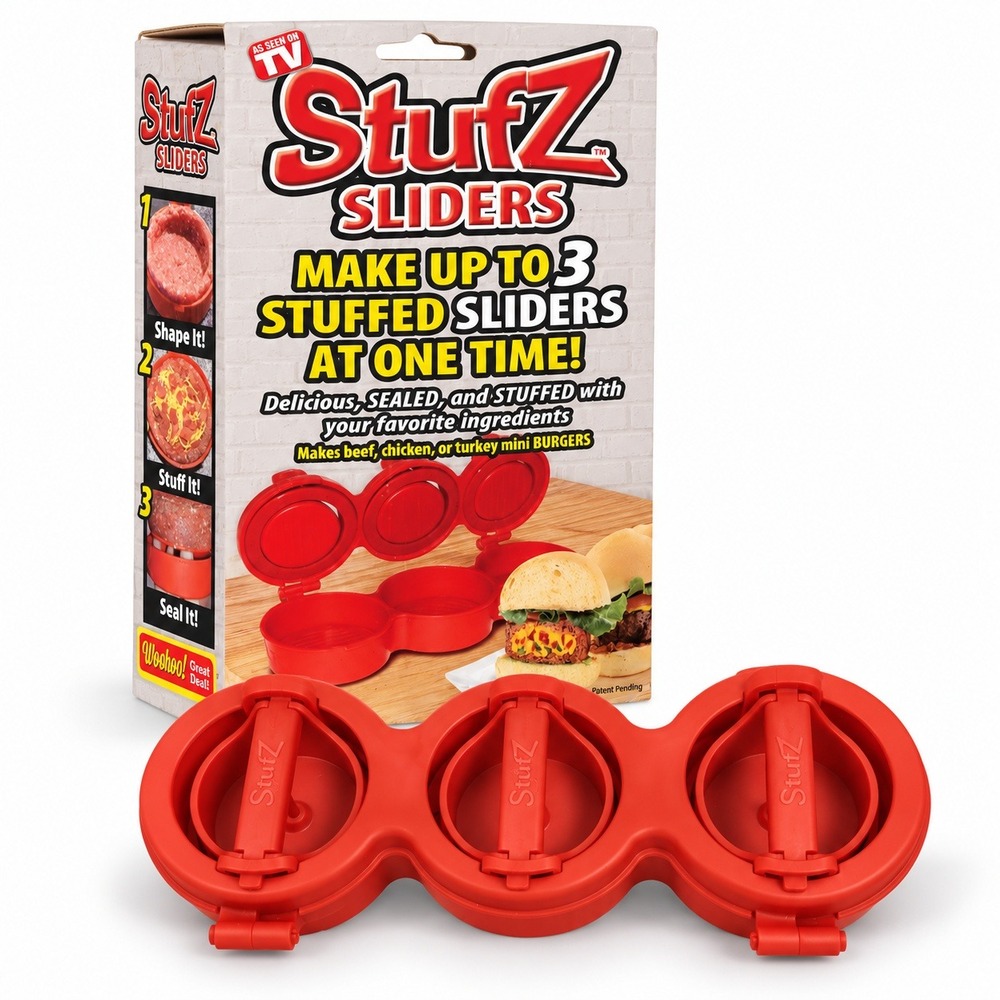 StufZ Sliders Stuffed Burger Press 3 Patty Maker As Seen On TV w Box Red
